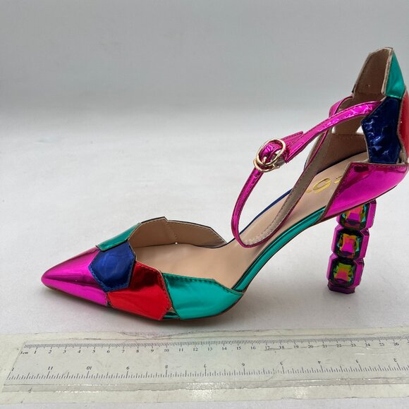 FSJ Fuchsia Crystal Heel Colorful Pointed Toe High Heel Ankle Strap Sandals - Picture 2 of 8